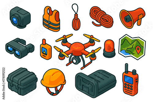 Search and Rescue Drone. Isometric vector illustration set Search and Rescue Drone Gear: rescue drone with spotlight, infrared