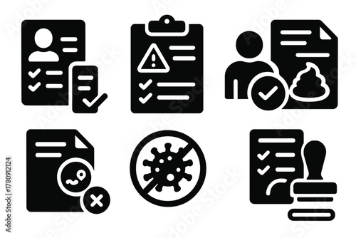 FMT Screening Icons. Solid style icons of patient screening for FMT: donor checklist, risk assessment form, health status icon.