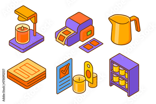 Isometric Candle Workshop. Isometric vector illustration set Candle making – jar candle station, heat lamp, pour spout; label
