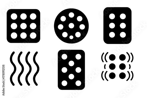 Therapeutic Magnet Icons. Solid style icons of therapeutic magnet arrays: square pad with grid, circular array icon, embedded node