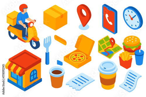 Delivery Service Icons. Isometric vector illustration set Restaurant Delivery Service Icons: delivery driver, package box, map pin