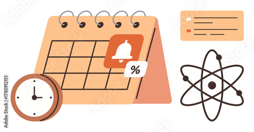 Calendar with notification icon, clock, atom structure, and task list. Ideal for organization, planning, productivity, education, time allocation science projects simple flat metaphor