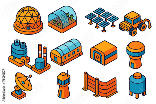 Mars Colonization Icons. Isometric vector illustration set Future Space Colonization: Mars habitat dome, space greenhouse, solar