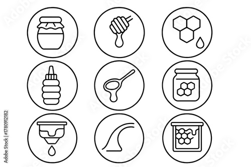 Honey Production Icons. Line style icons of honey production in round shape: honey jar, honey dipper, honeycomb block, golden drop