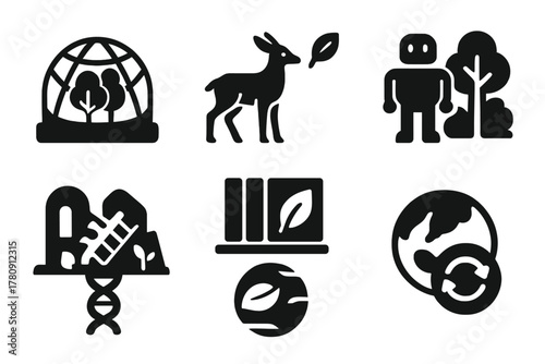 Eco Future Icons. Solid style icons of speculative eco futures: glass biodomes, hybrid wildlife, AI-tended forests.