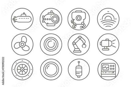 Submarine Iconography. Line style icons of submarines and equipment in round shape: research submarine, manned submersible,