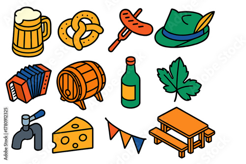 German Fest Icons. Isometric vector illustration set German Fest Linear Icons: beer stein, pretzel, grilled sausage, Bavarian hat,