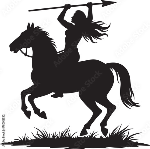 Silhouette of woman warrior on horseback holding spear