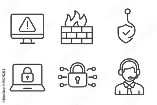 Cybersecurity Line Icons. Line style icons of cybersecurity crises: malware alert, firewall breach icon, phishing attempt badge,