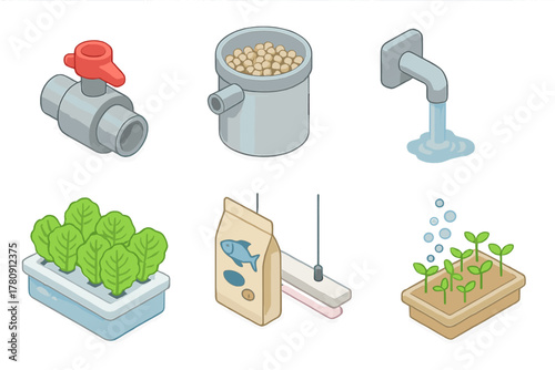 Isometric Aquaponics Systems. Isometric vector illustration set of Aquaponics systems: nutrient lock valve, bio-filter beads,