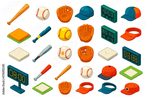 Baseball Icons Set. Isometric vector illustration set baseball elements: birch wood bat, minor league baseball, padded fielder’s