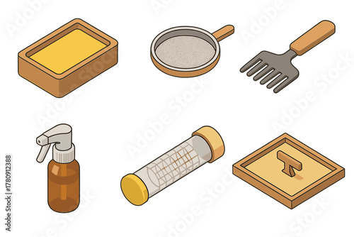 Beekeeping Tools Isometric Illustration. Isometric vector illustration set Beekeeping tools: beeswax block mold, honey filter mesh