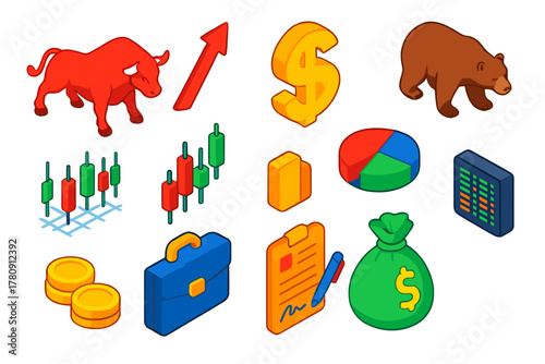 Finance Symbols Collection. Isometric vector illustration set Exchange Icons: bull, bear, rising arrow, dollar sign, candlestick