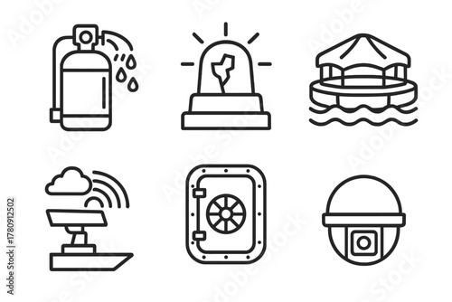 Ship Safety Icons. Line style icons of ship safety systems: fire suppression tank, hull breach alert light, life raft module