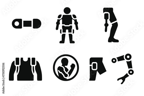 Exoskeleton Icon Set. Solid style icons of exoskeleton builds: joint actuator icon, home-built frame, servo leg glyph. DIY