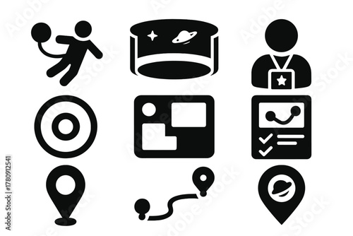 Orbital Hotel Tour Icons. Solid style icons of orbital hotel tours: walking tether glyph, panoramic view icon, guide badge. Guest