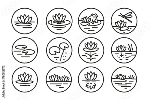 Water Lily Icons. Line style icons of water lilies in round shape: lily on pond, lily with ripples, lily and frog, lily with