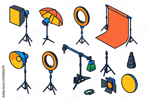 Studio Photography Essentials. Isometric vector illustration set Studio Photography Gear: softbox light, umbrella reflector,