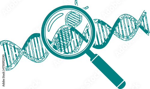 Genetic Technology & Biotech Research Silhouette - Magnifying Glass Over DNA Helix Black Vector Icon