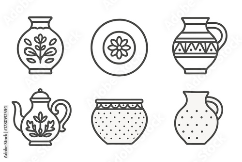 Ceramic Icon Collection. Line style icons of decorative ceramics in round shape: painted vase, floral pattern bowl, etched plate,