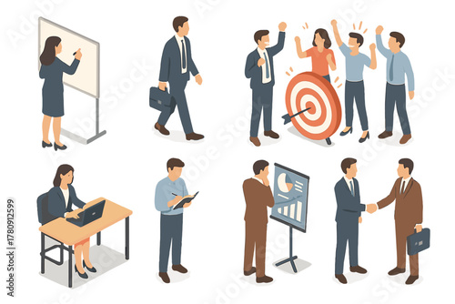 Isometric Business Scenes. Isometric vector illustration set of Business People: businesswoman writing on board, man with laptop