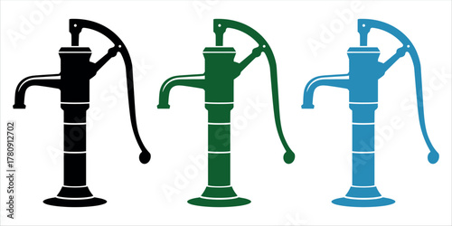 Colorful water pumps lined up on a crisp white backdrop create a vibrant and refreshing feel, ideal for promoting sustainability and water conservation.