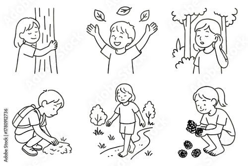 Forest Bathing Icons. Line style icons of children forest bathing: child hugging tree, playing with leaves, listening to forest,