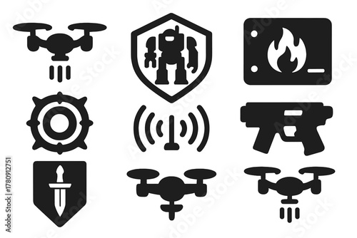 Anti-AI Defense Icons. Solid style icons of anti-AI defense units: EMP drone icon, disruptor mech badge, logic firewall panel.