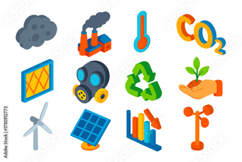Air Pollution Icons. Isometric vector illustration set Air Pollution Icons: smog cloud, factory smoke, thermometer, CO2 symbol,