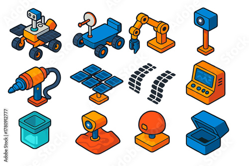 Space Rover Icons. Isometric vector illustration set Space Rover Icons: Mars rover, lunar rover, robotic arm, panoramic camera,
