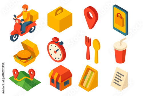 Express Delivery Icons. Isometric vector illustration set Express Takeout Icons: scooter driver, package box, GPS pin, mobile app,