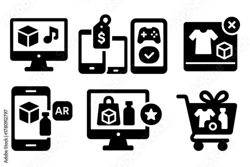 Virtual Product Bundles. Solid style icons of virtual product bundles: digital combo icon, smart deal pack, bundle preview screen.