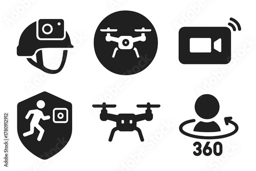Aerial Filming Icons. Solid style icons of aerial camera and filming: helmet cam icon, drone in sky badge, video panel loop.