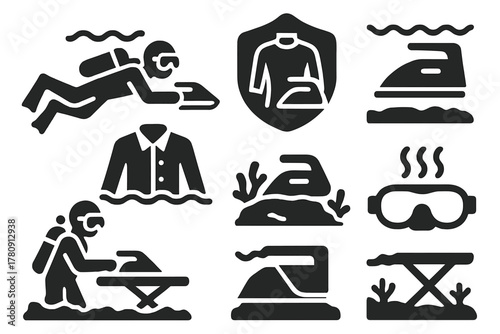 Underwater Ironing Icons. Solid style icons of ironing in water environments: diver with iron icon, wetsuit ironing badge,