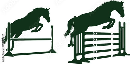 Horse Jumping Over Obstacles Silhouette Set Equestrian Sport Vector Keywords: horse, jumping, obstacle, equestrian, sport