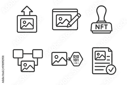 NFT Minting Icons. Line style icons of NFT photo minting process: upload photo icon, edit image before mint, blockchain approval