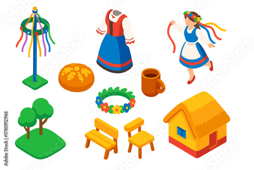 Cultural Heritage Icons. Isometric vector illustration set Cultural heritage – Maypole, folk costume, ribbon dance; harvest loaf,