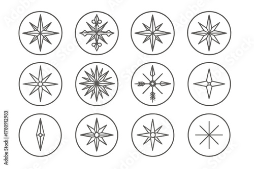 Line Style Compass Roses. Line style icons of compass roses in round shape: classic compass rose, ornate rose, directional star, 8
