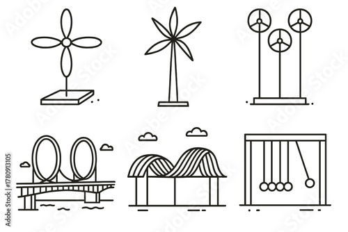 Kinetic Outdoor Installations Icons. Line style icons of large outdoor kinetic installations: plaza-size spinner, monumental wind