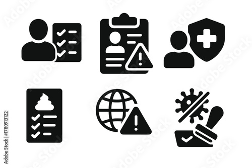 FMT Screening Icons. Solid style icons of patient screening for FMT: donor checklist, risk assessment form, health status icon.