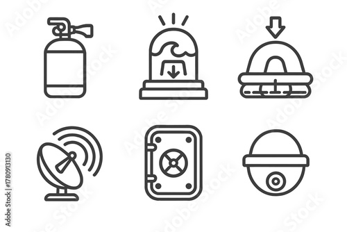 Ship Safety Icons. Line style icons of ship safety systems: fire suppression tank, hull breach alert light, life raft module