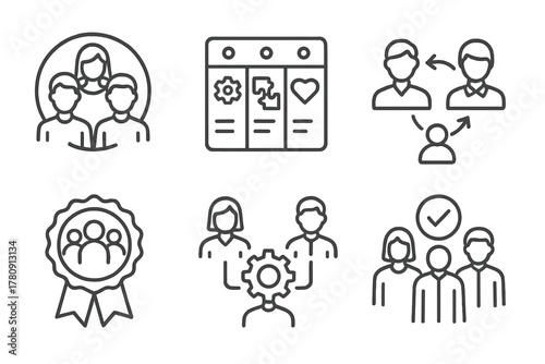 Cross-Functional Team Icons. Line style icons of leading cross-functional teams: team diversity icon, multi-skill board,