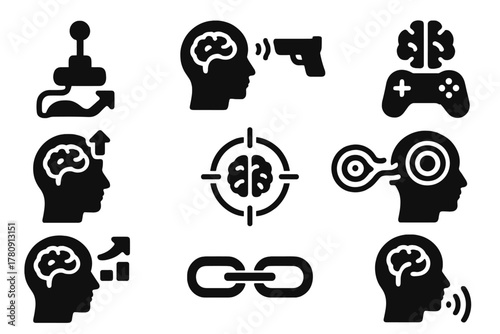 Psi Gaming Icons. Solid style icons of psychic gaming interfaces: mental joystick, thought-trigger icon, no-hand gamepad.