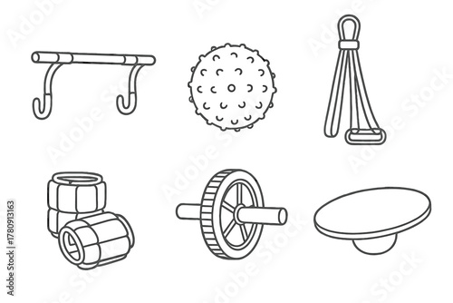 Aerial Silk Icon Tools. Line style icons of aerial silk conditioning tools: pull-up bar sketch, grip strength ball, resistance