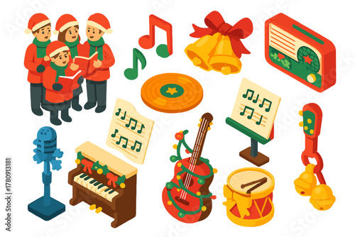 Festive Holiday Music Icons. Isometric vector illustration set Holiday Music and Entertainment: Christmas carolers, music notes,