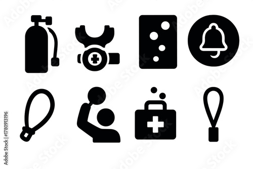 Diving Safety Icons. Solid style icons of breathing and safety systems: oxygen tank icon, mouthpiece with chess symbol, air bubble