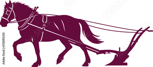 Horse Pulling a Plow Silhouette Agricultural Work Draft Animal Vector Keywords: horse, pulling, plow, silhouette, agricultural