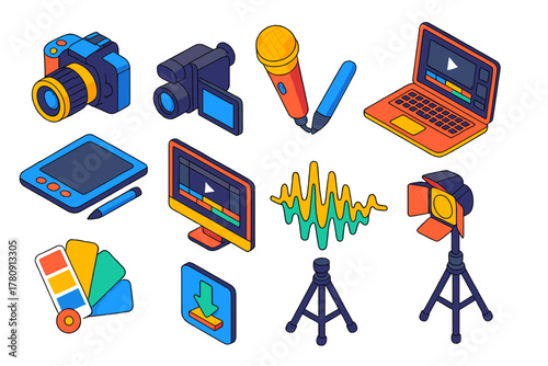 Media Editing Tools Icons. Isometric vector illustration set Media Editing Tools Icons: camera, video camera, microphone, laptop,
