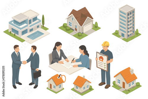 Isometric Real Estate Showcase. Isometric vector illustration set of Real Estate: luxury villa, suburban home, condo tower.