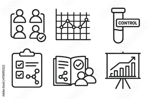 Testing Icons Collection. Line style icons of testing and validation: control group icon, replicated trial chart, test tube with